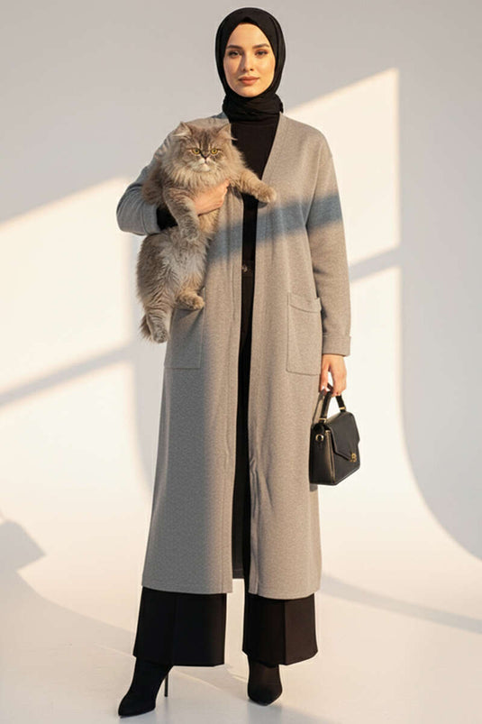 Basic Double-Pocketed Long Knit Cardigan Gray