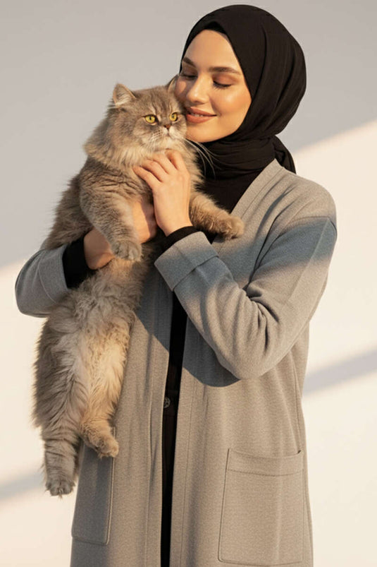 أساسي ذو جيبين طويل كنزة محبوكة رمادية