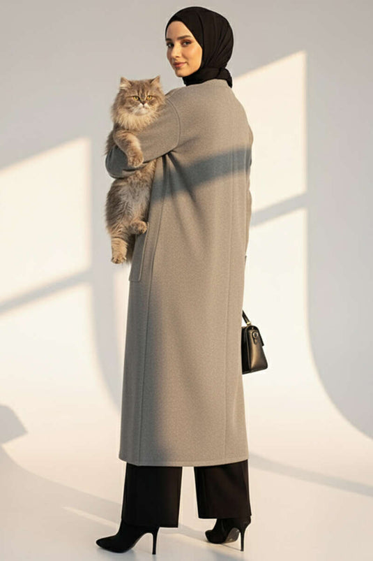 أساسي ذو جيبين طويل كنزة محبوكة رمادية