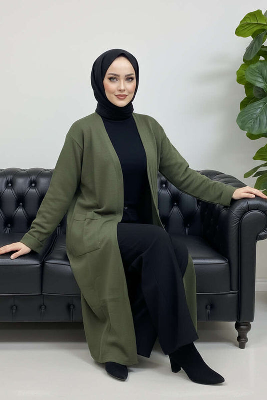 كاردغان تريكو طويل أساسي ذو جيبين بلون هاكي