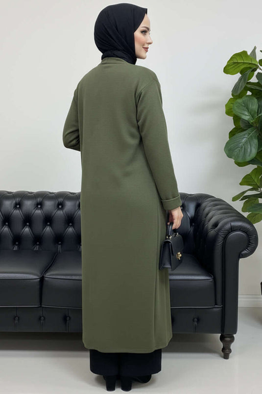 كاردغان تريكو طويل أساسي ذو جيبين بلون هاكي