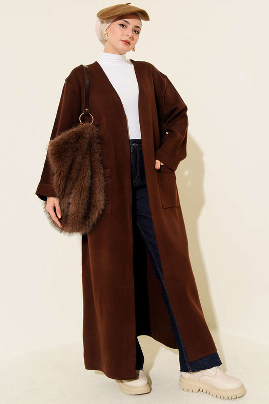Basic Lange Gebreide Cardigan Met Twee Zakken In Bruin