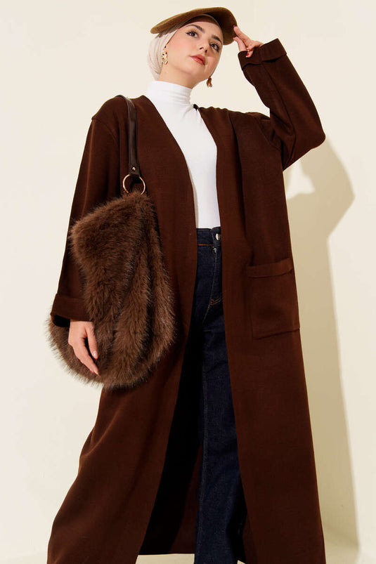 Basic Lange Gebreide Cardigan Met Twee Zakken In Bruin