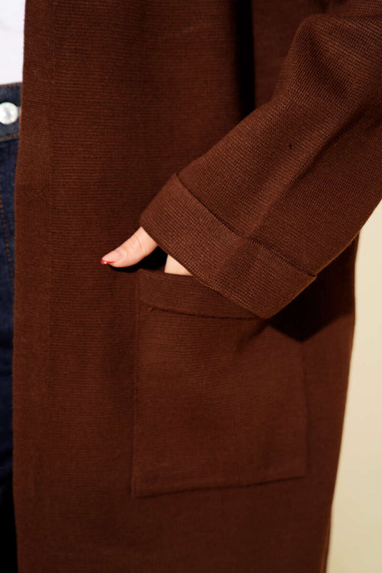 Basic Lange Gebreide Cardigan Met Twee Zakken In Bruin