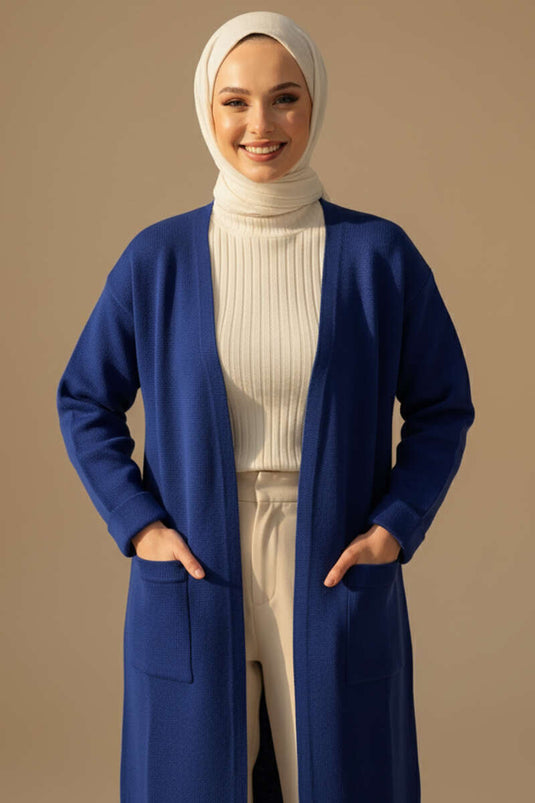 Cardigan long en maille basique à double poche bleu marine