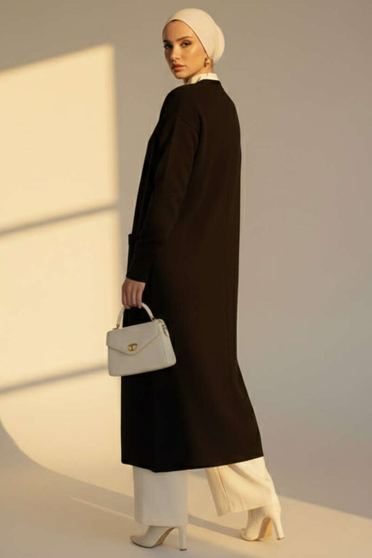 أساسي ذو جيوب مزدوجة كارديغان محبوك طويل أسود