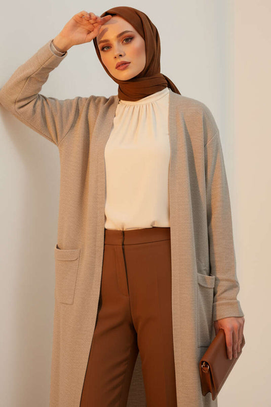 Basic Çift Cepli Uzun Triko Hırka Vizon