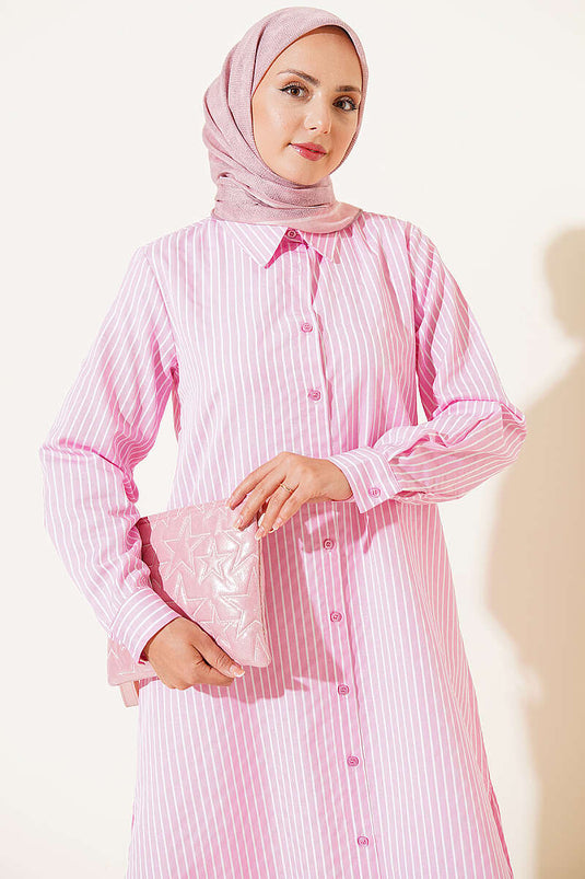 Basic Çizgili Uzun Tunik Pembe