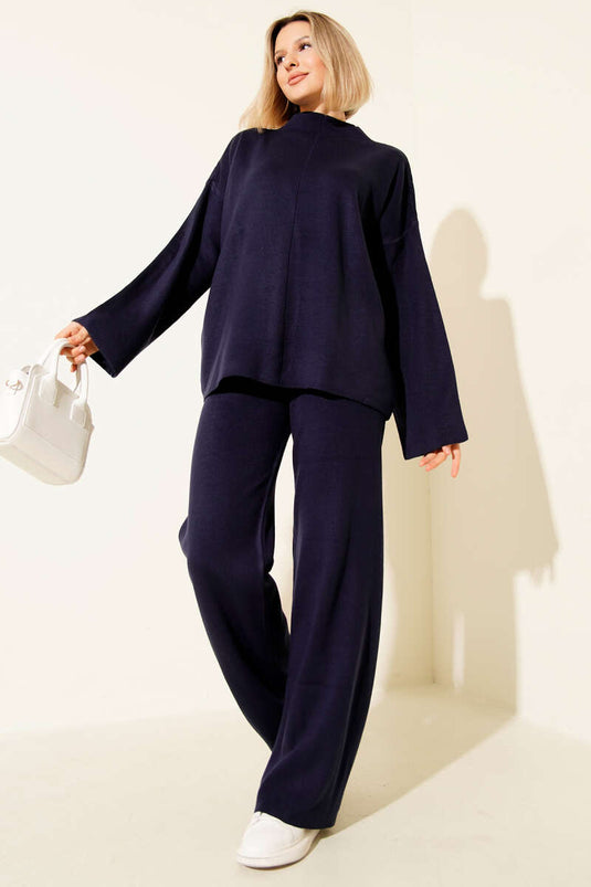 Basic Dik Yaka Triko İkili Takım Lacivert