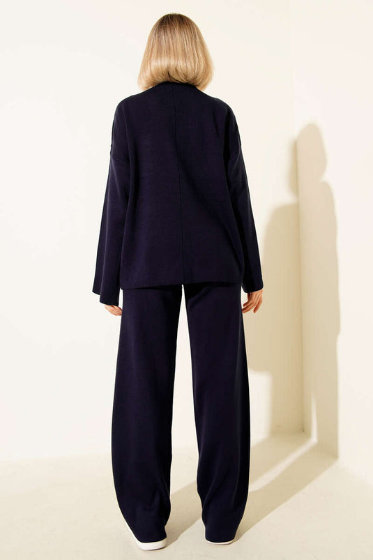 Ensemble deux pièces basique en maille à col montant, bleu marine