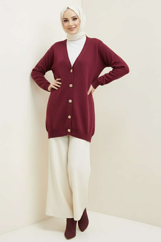 Basic Button Detailed Knit Cardigan Burgundy
