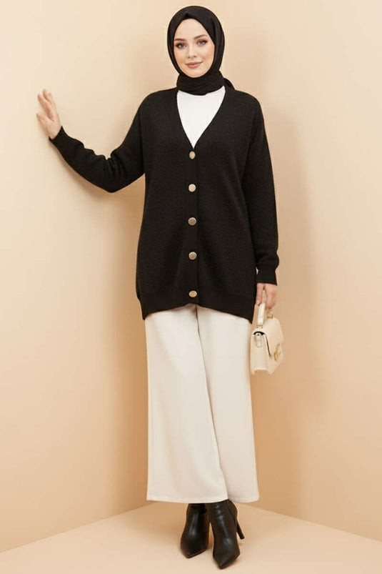 Basic Button Detailed Knitwear Cardigan Black