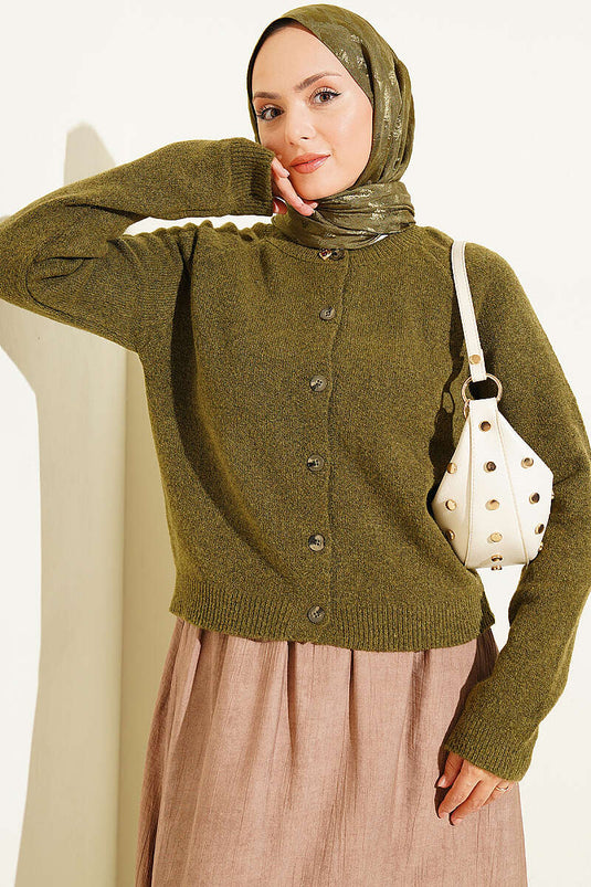 Chaqueta De Punto Básica Con Botones En Verde Oliva