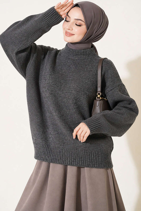 Basic Düşük Kollu Triko Tunik Füme