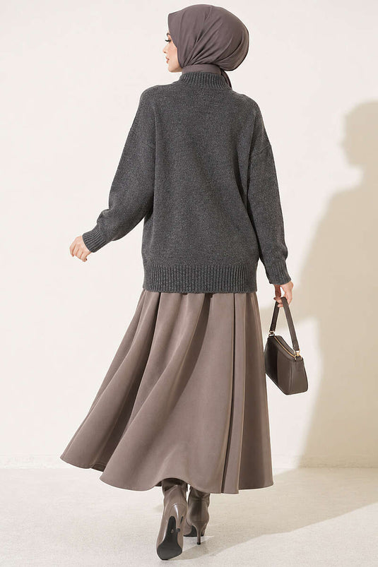Basic Düşük Kollu Triko Tunik Füme