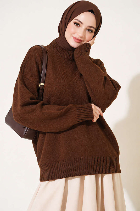 Basic Düşük Kollu Triko Tunik Kahve
