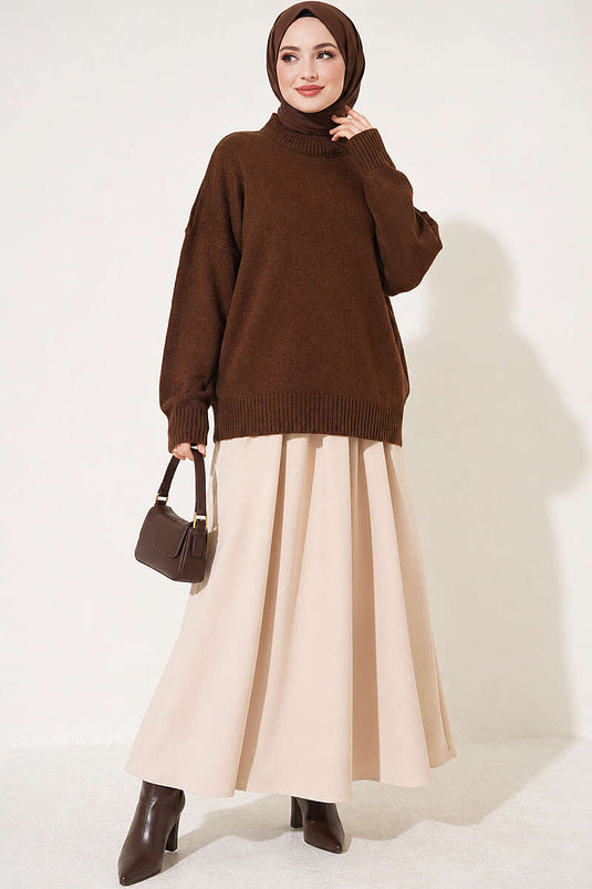 Basic Düşük Kollu Triko Tunik Kahve