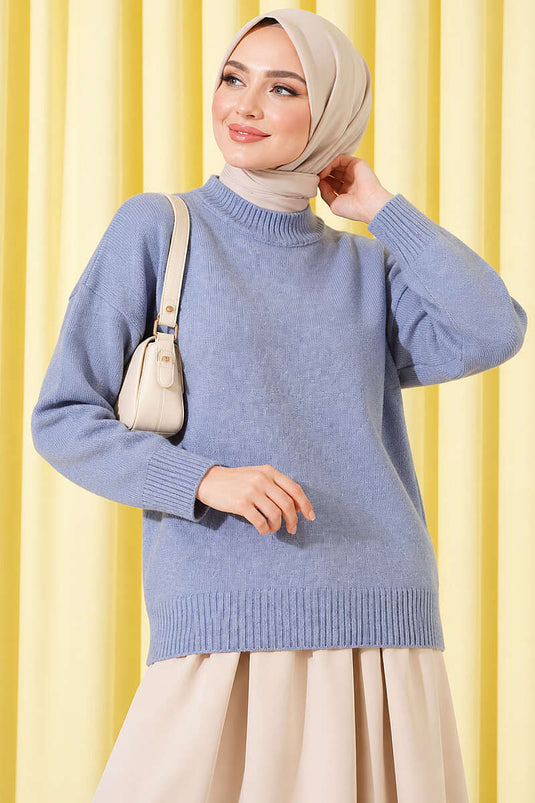Basic Düşük Kollu Triko Tunik Mavi