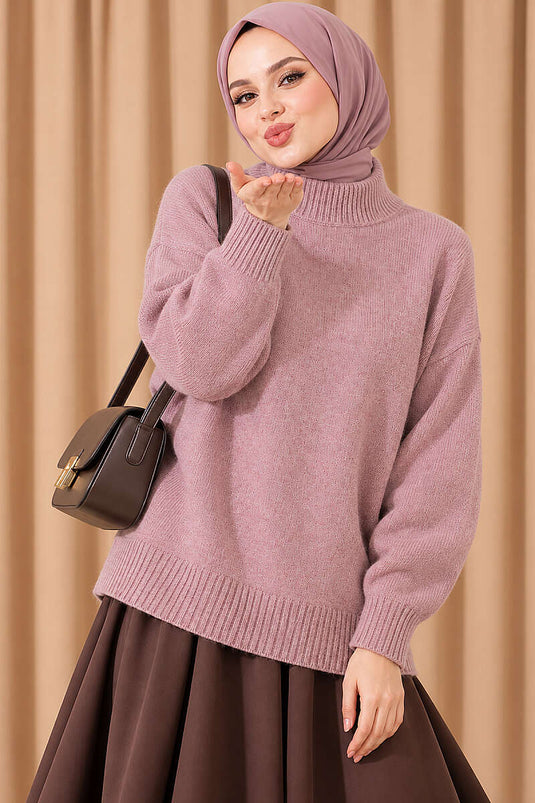 Basic Düşük Kollu Triko Tunik Pudra