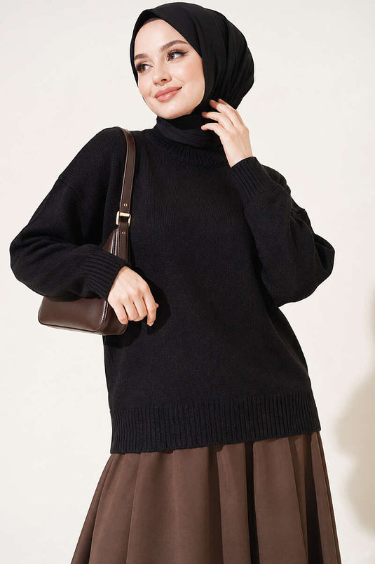 Basic Düşük Kollu Triko Tunik Siyah