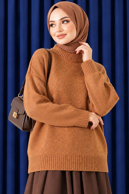 Basic Düşük Kollu Triko Tunik Taba