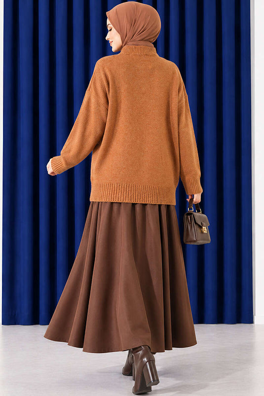 Basic Düşük Kollu Triko Tunik Taba