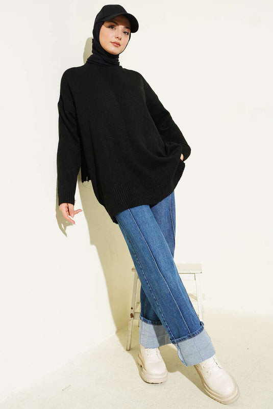 Basic Düşük Omuz Salaş Triko Tunik Siyah