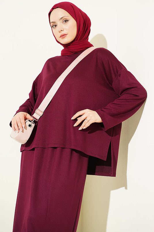 Basic Two-Piece Set with Skirt in Burgundy