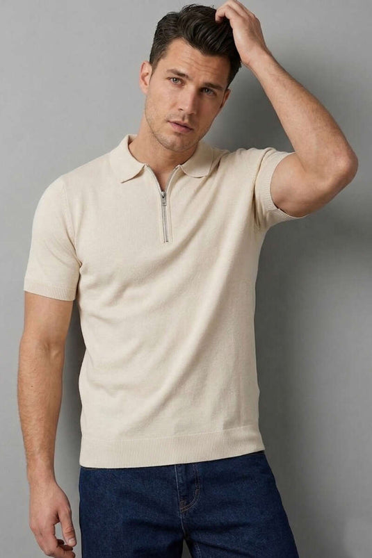 T-shirt da uomo basic con zip in mercerizzato beige
