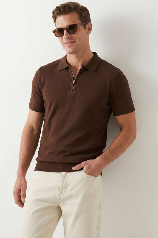 Basic Fermuarlı Merserize Erkek T-shirt Kahve