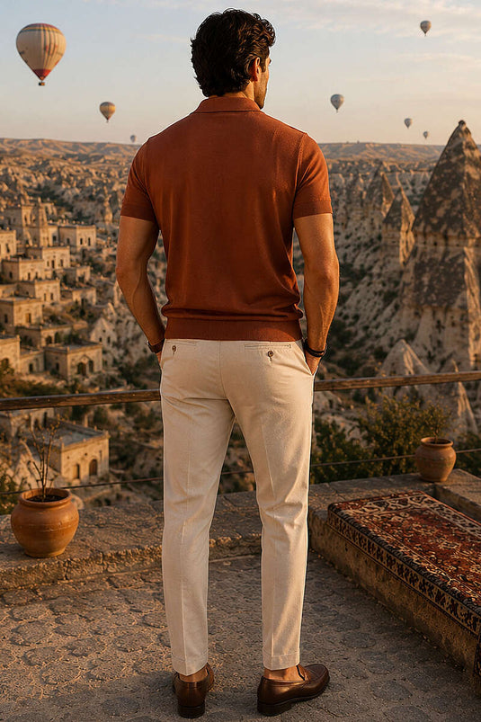 T-shirt homme basique en coton mercerisé avec fermeture éclair, couleur brique