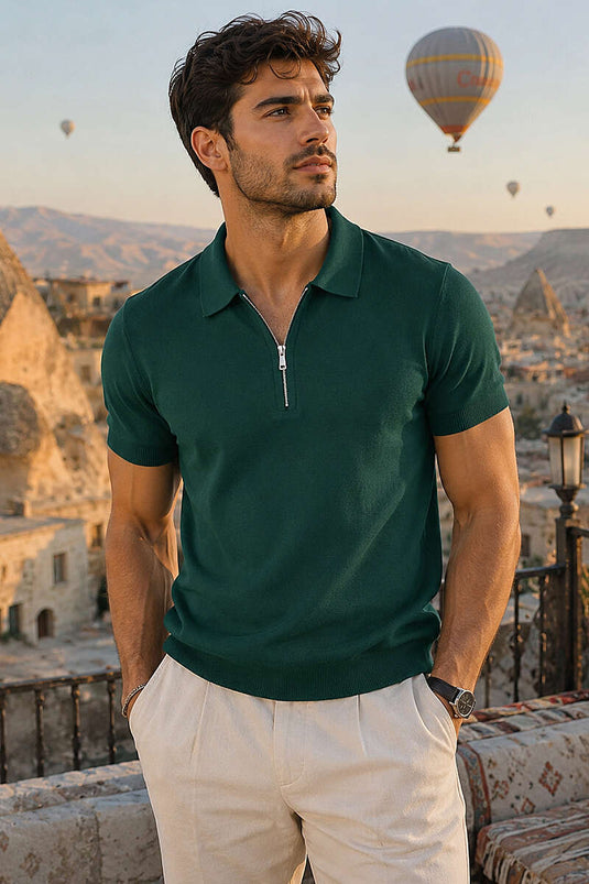 Basic Zippered Mercerized Men's T-shirt Olive Green
