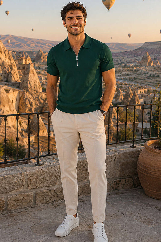 Basic Zippered Mercerized Men's T-shirt Olive Green