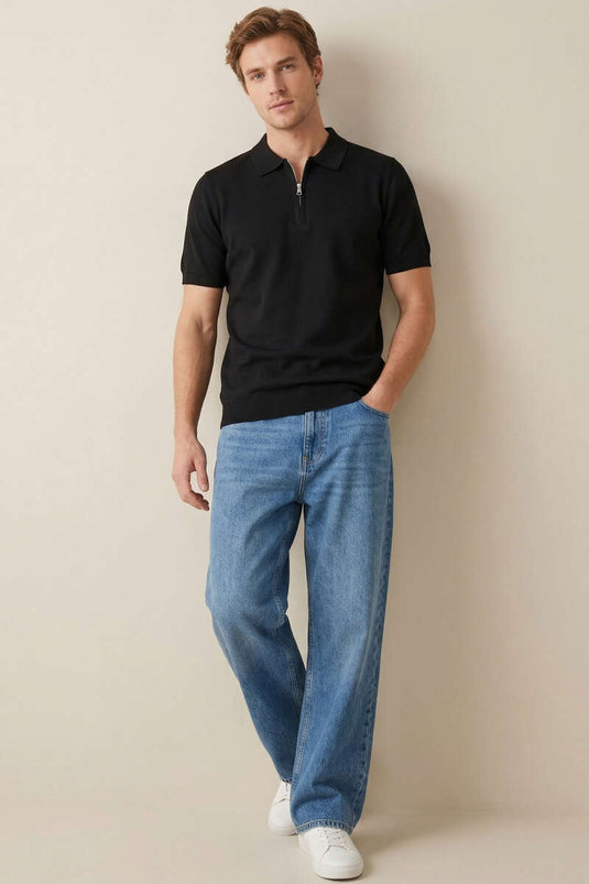 Basic Mercerized Men's T-shirt with Zipper Black