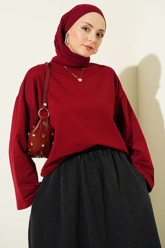 Basic Geniş Kollu Bluz Bordo