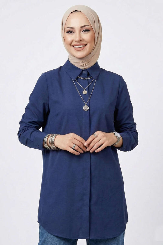 Chemise basique à boutons cachés bleu marine