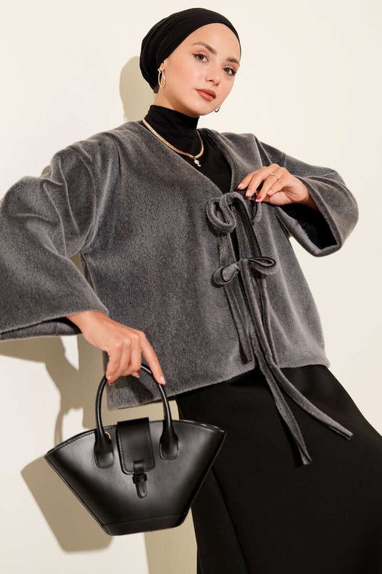 سترة لحية بتفاصيل حبل أساسية باللون الرمادي