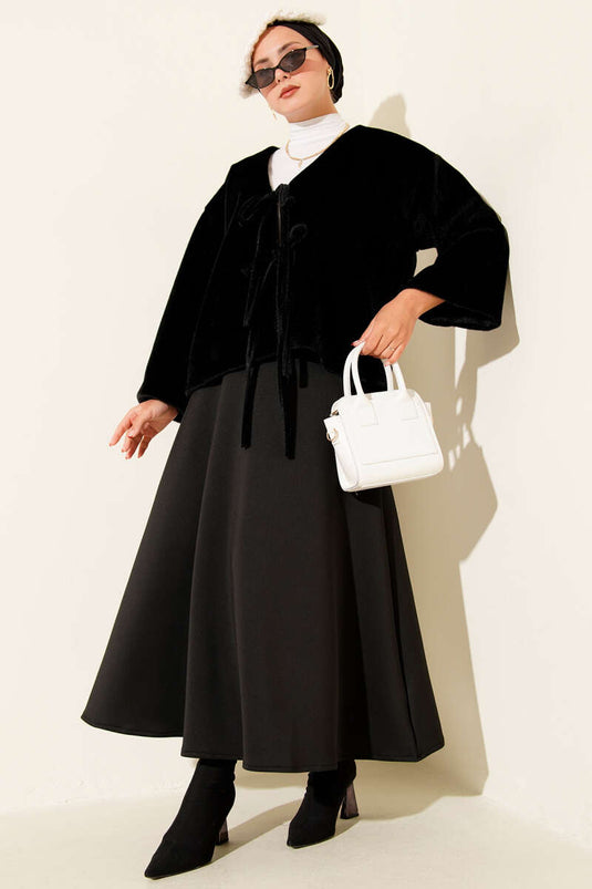 Basic İp Detaylı Sakallı Ceket Siyah