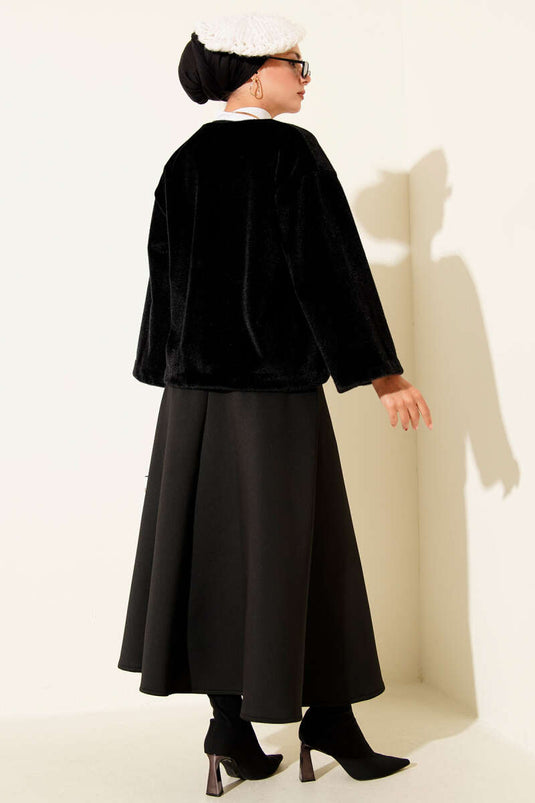 Basic İp Detaylı Sakallı Ceket Siyah