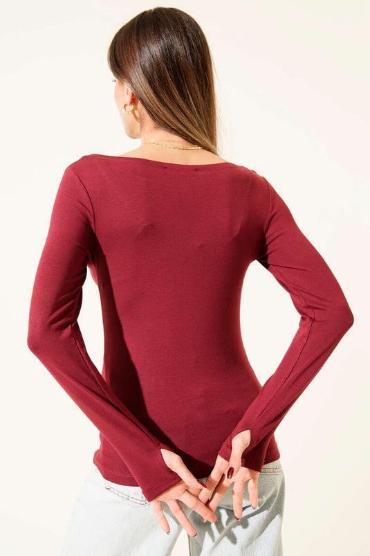 Basic Boat Neck Blouse Burgundy