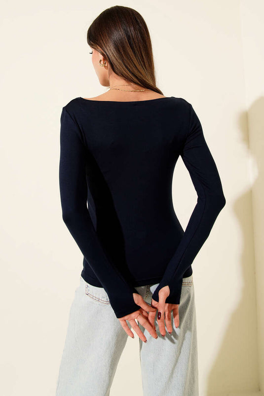 Basic Boat Neck Blouse Navy Blue