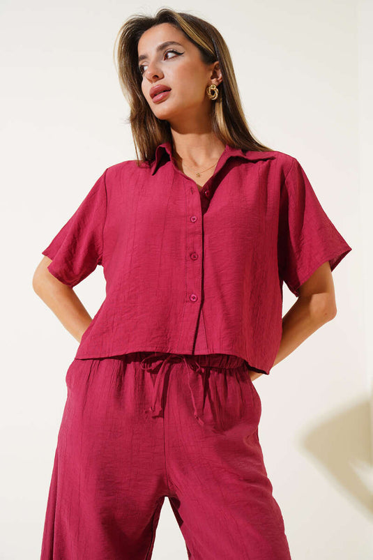 Basic Short-Sleeve Shirt Two-Piece Set in Burgundy