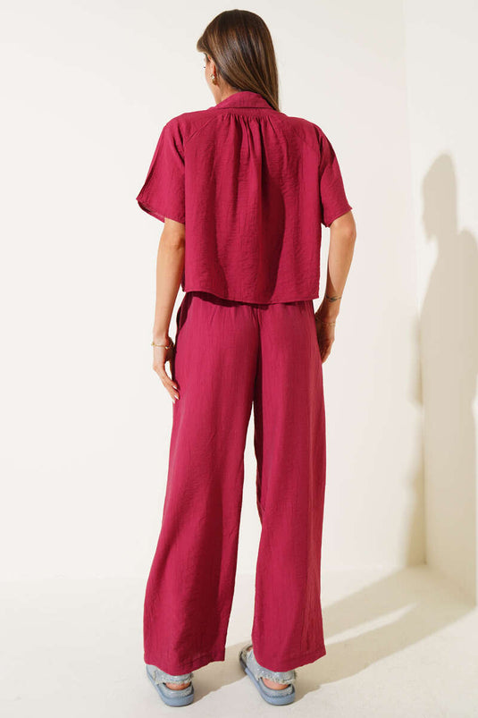 Basic Short-Sleeve Shirt Two-Piece Set in Burgundy