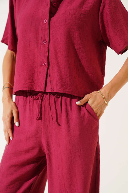 Basic Short-Sleeve Shirt Two-Piece Set in Burgundy