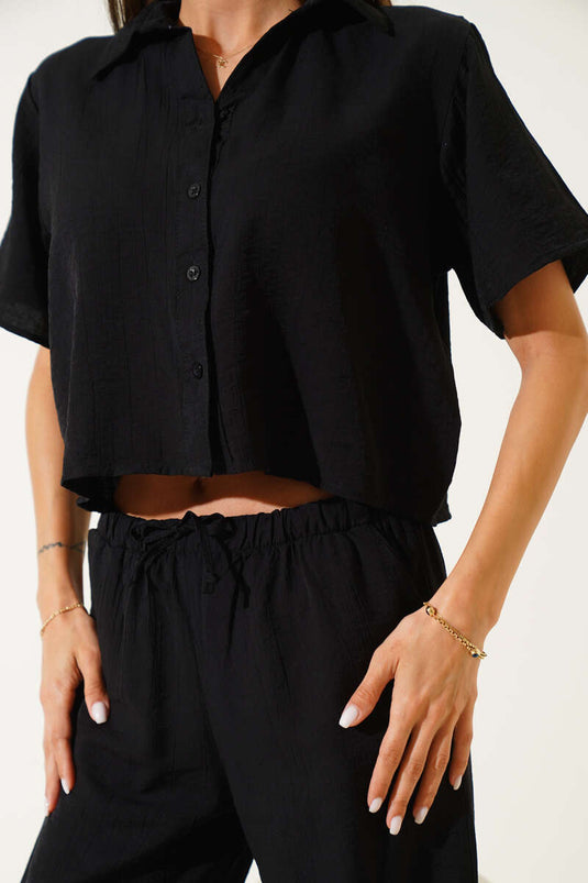 Basic Short-Sleeve Shirt Two-Piece Set, Black