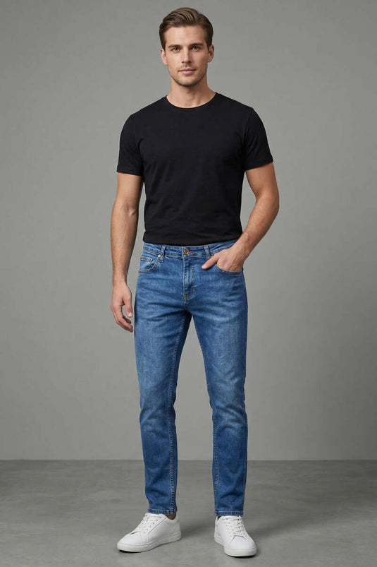 Pantaloni Jeans Uomo Basici in Likra Blu