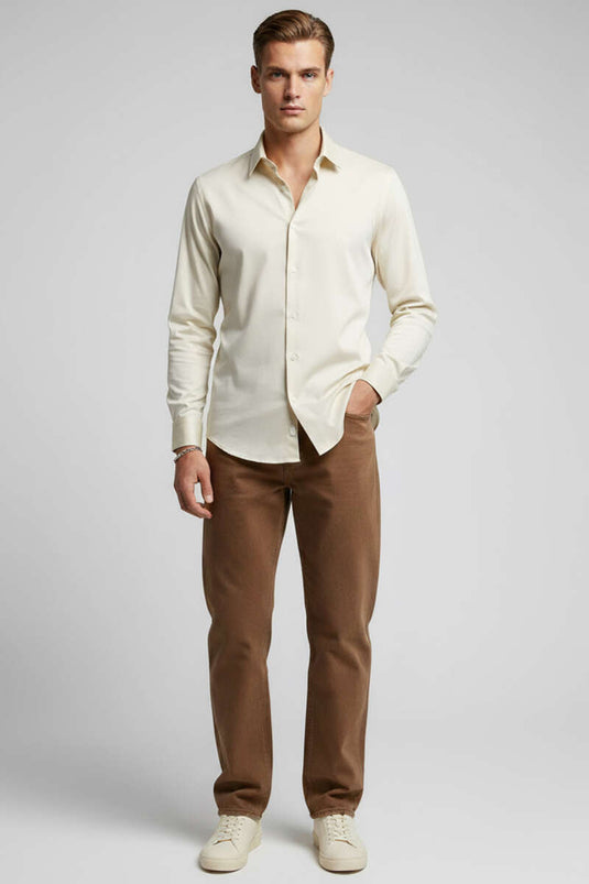 Chemise beige à poignets plats pour homme