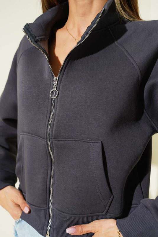 Basic Önü Fermuarlı Kısa Hırka Füme