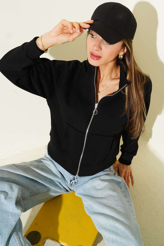 Basic Önü Fermuarlı Kısa Hırka Siyah