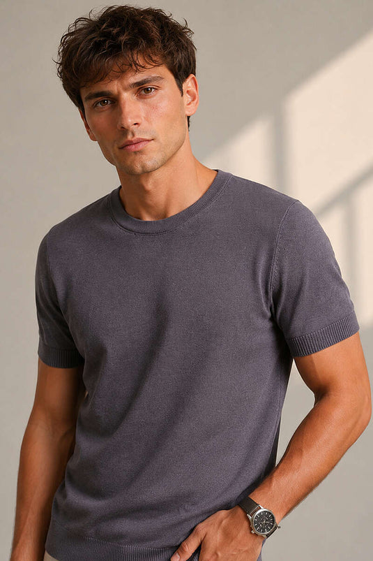 Basic Strick Herren T-Shirt in Rauchgrau